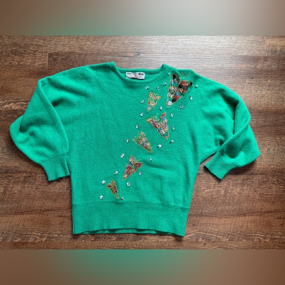 PRINCESS BOUTIQUES 1970s green sweater butterfly bedazzled lambswool angora EUC - Picture 4 of 12